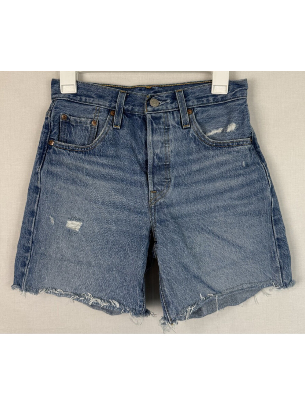 Levis 501 Cutoff Shorts Womens W25 Blue Distressed Mid Rise Button Fly Raw Hem